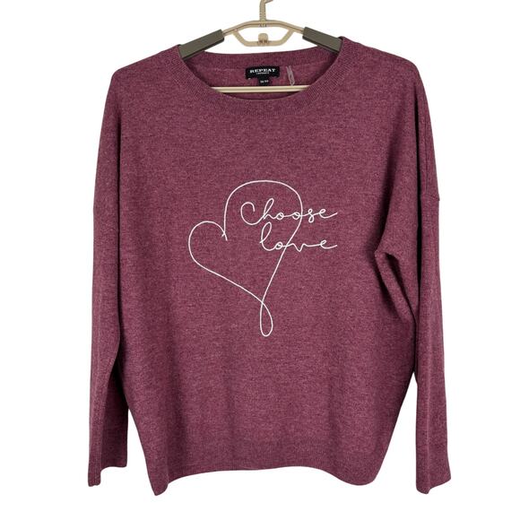 REPEAT 100% Cashmere Sweater Drop Shoulder XS mauve red Choose Love embroidered - Picture 1 of 8